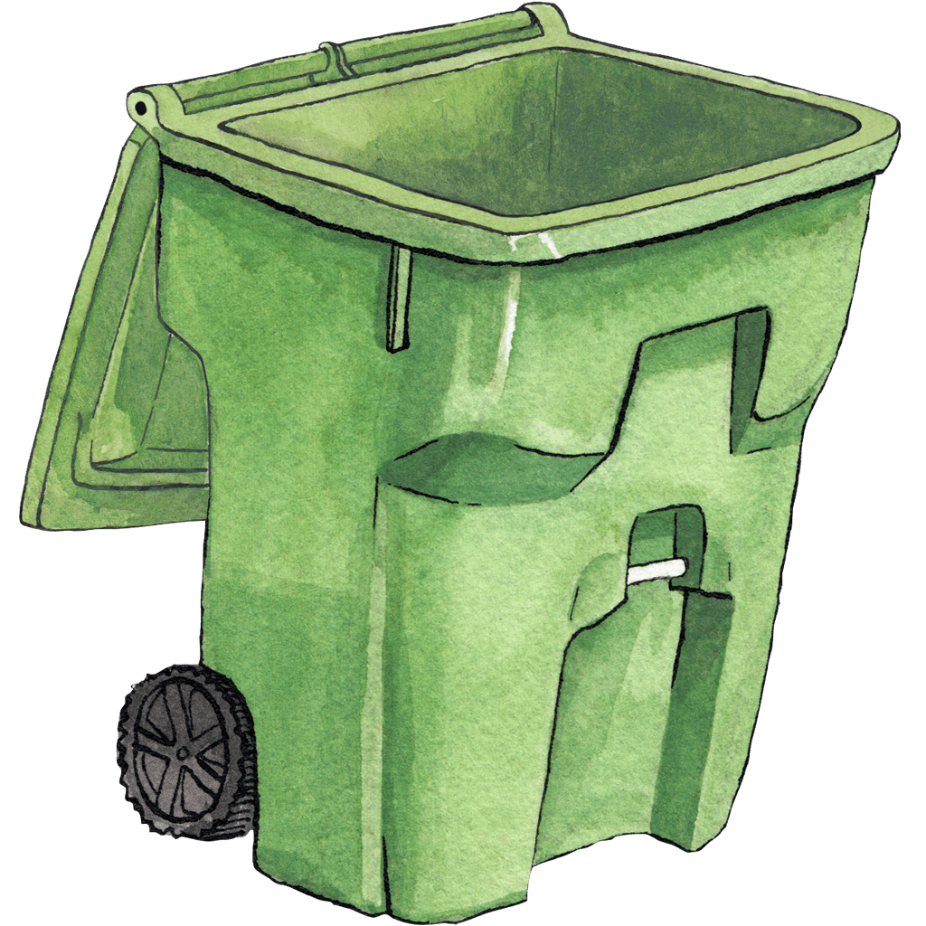 An open green green recycling bin.