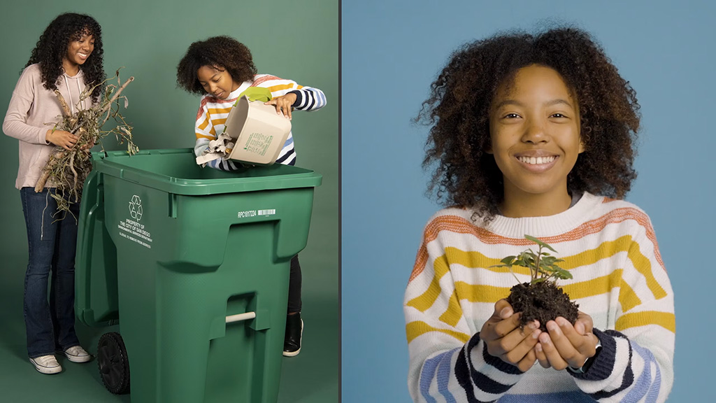 Smiling people putting organic waste in a green bin